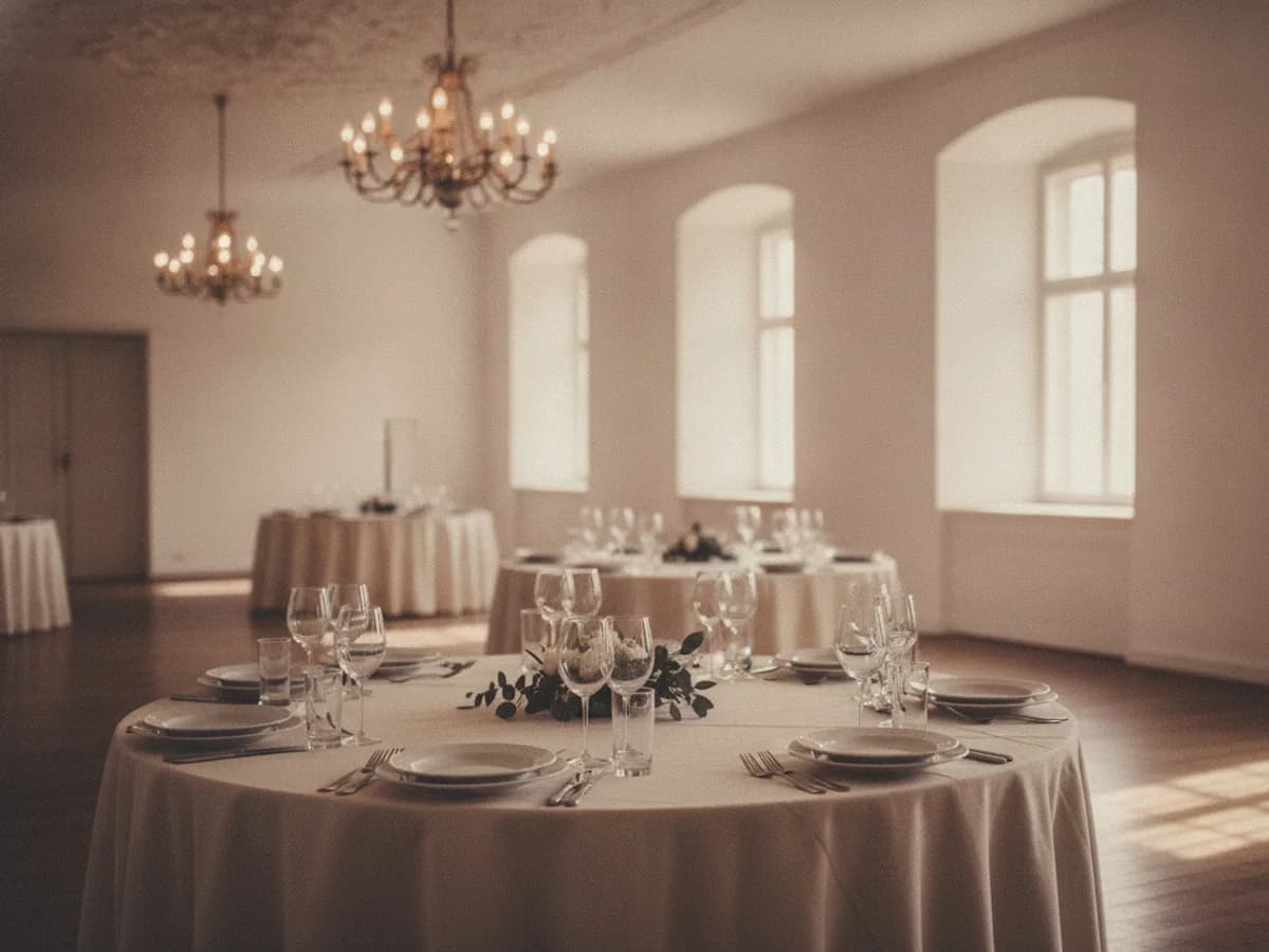 Historischer Ballsaal, festlich eingedeckt für eine Hochzeitsfeier