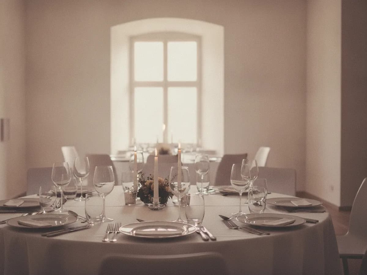 Moderner Hotelsaal, eingedeckt für eine Feier