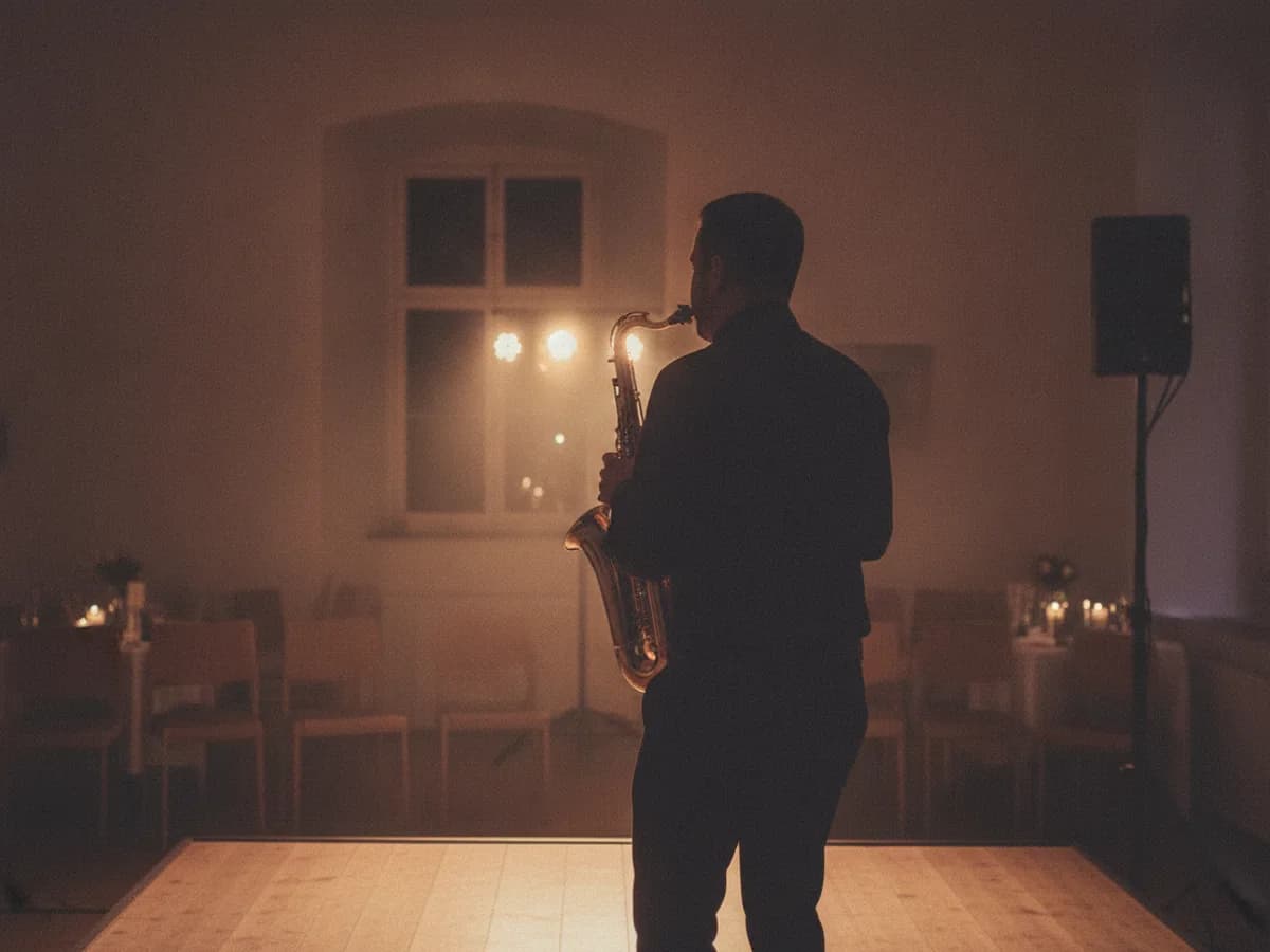 Saxophonist einer Live-Band bei einem Abendevent, im Gegenlicht