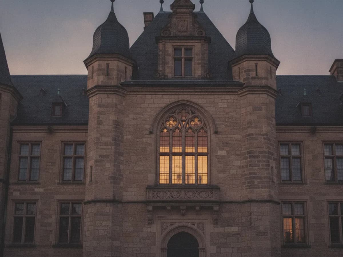 Schlossgebäude bei Dämmerung, festlich beleuchtet