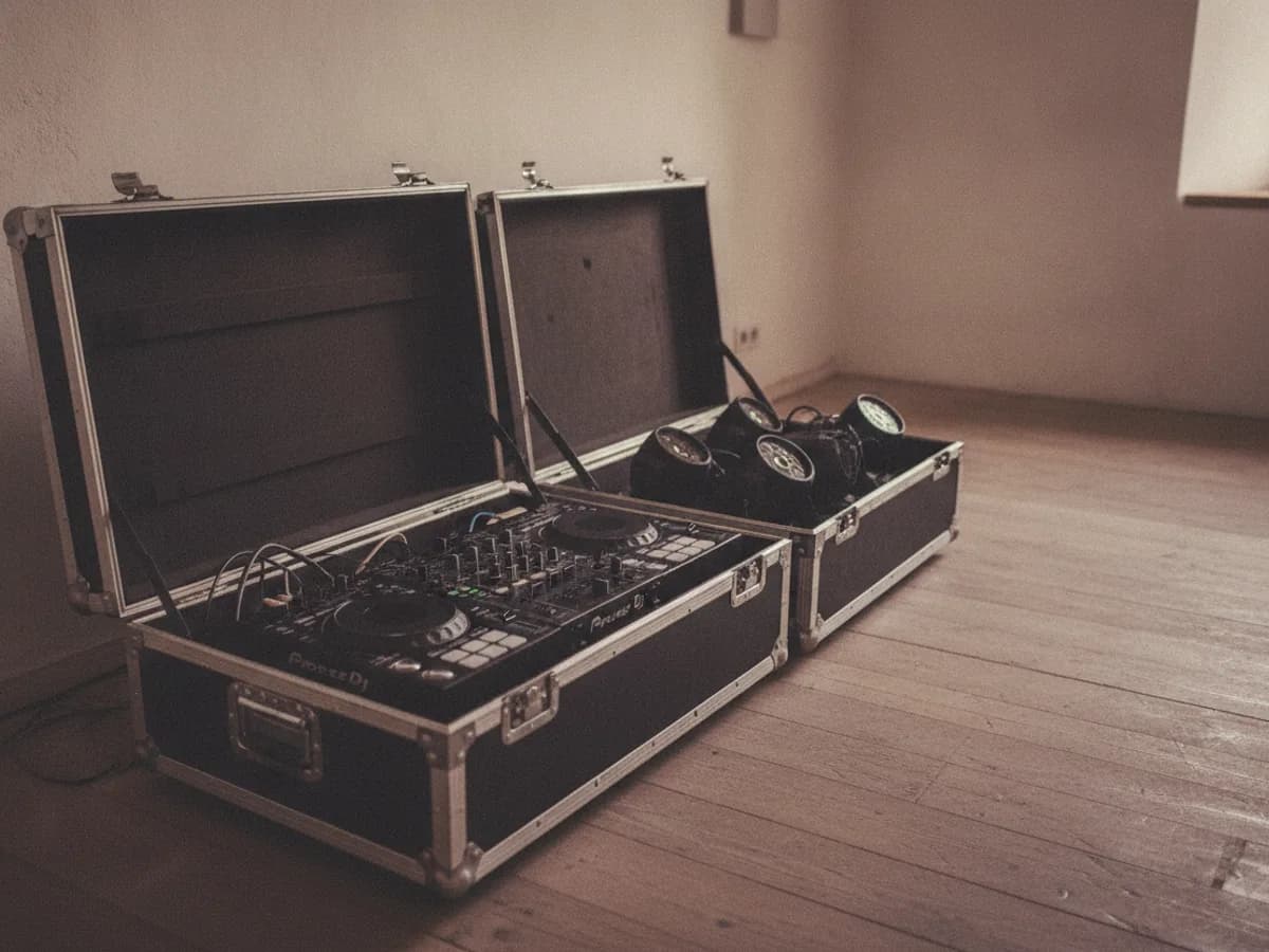 Geöffnete Technikkoffer mit DJ- und Lichtequipment vor dem Aufbau