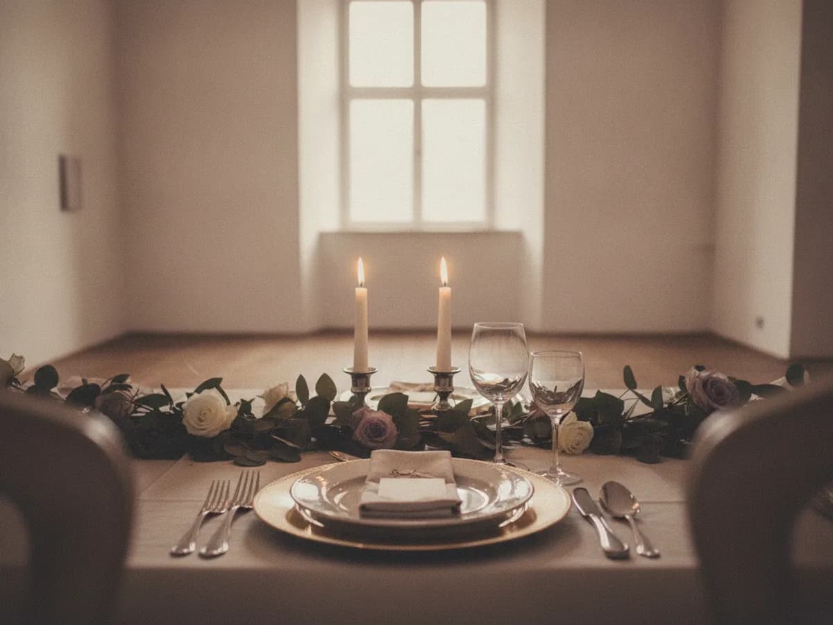 Tischdekoration mit Kerzen und Blumen bei einer Hochzeitsfeier